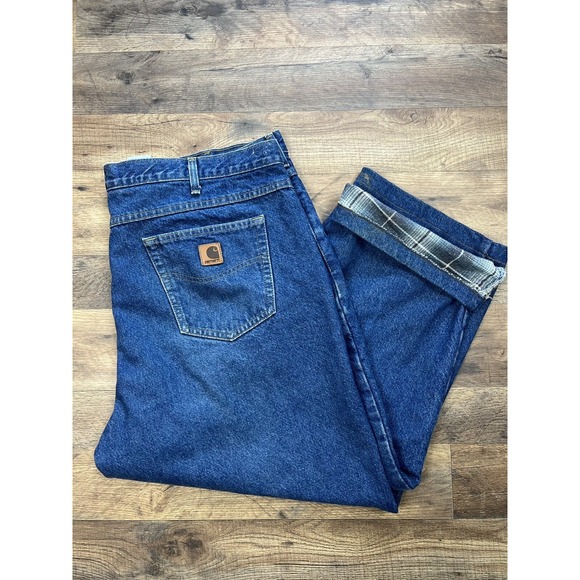 Carhartt Relaxed Fit Flannel Lined Blue Straight Jeans Size 46 X 25 Altered - Picture 1 of 7